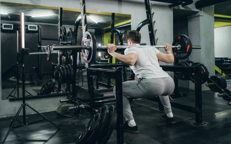 Lifter performing eccentric overload squats with weight releasers