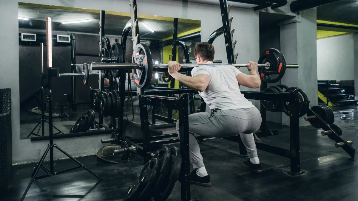 Lifter performing eccentric overload squats with weight releasers