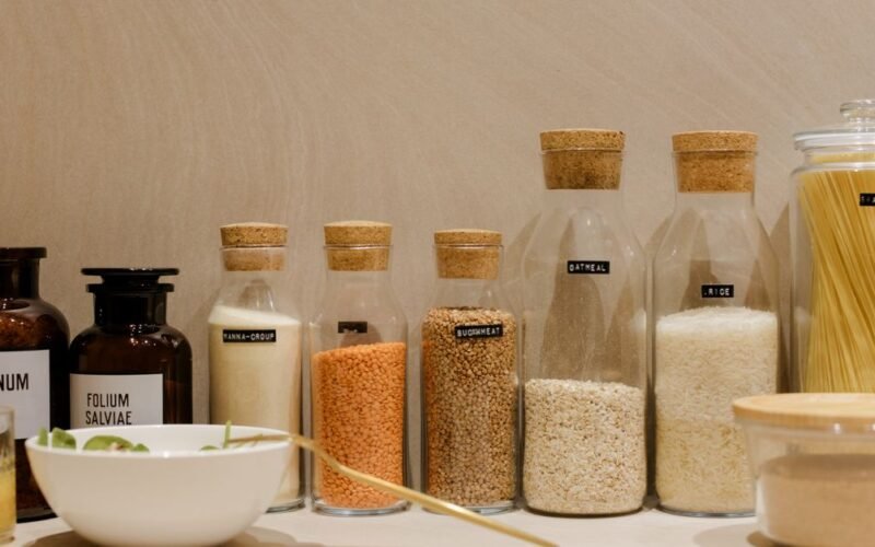 Assorted grains and pasta in labeled glass bottles on a kitchen counter
