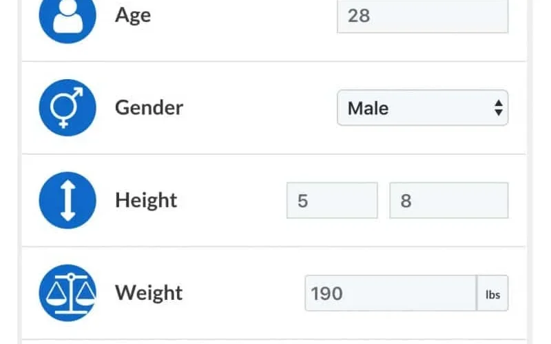 Fitness calculator showing daily energy expenditure results