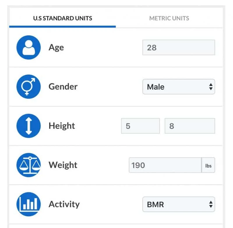 Fitness calculator showing daily energy expenditure results
