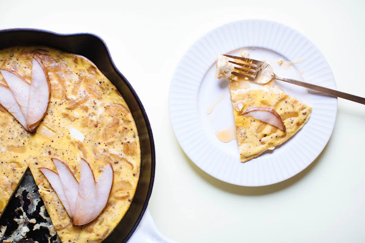 Caramelized onion and pear frittata on plate