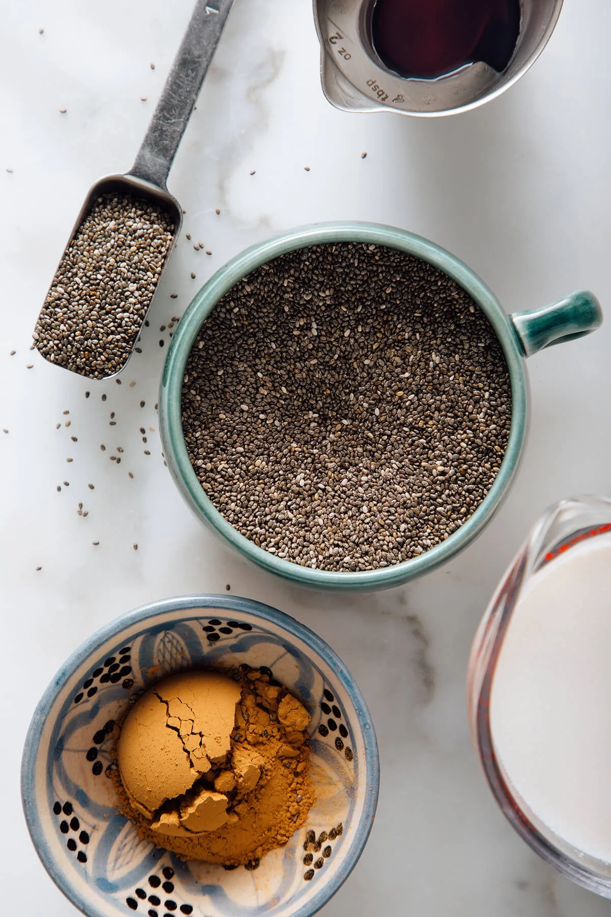 Chia seeds cocoa powder and maple syrup ingredients