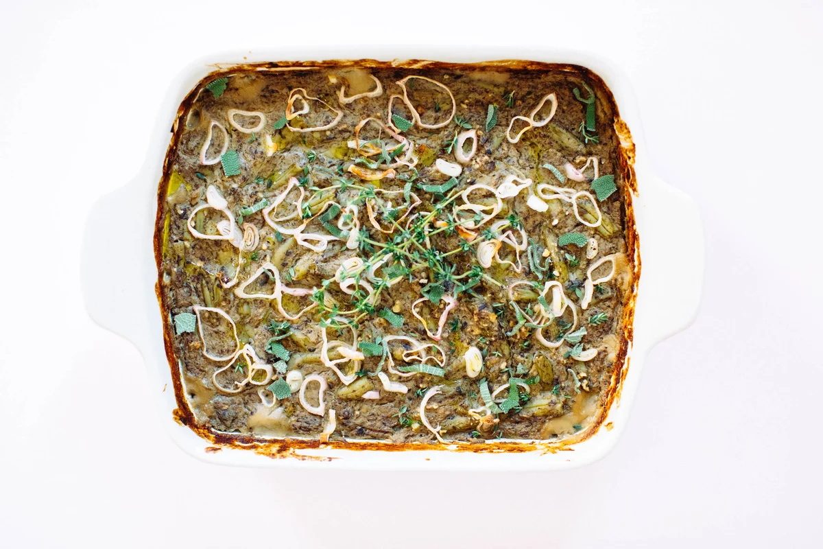 Plant-based green bean casserole with mushrooms