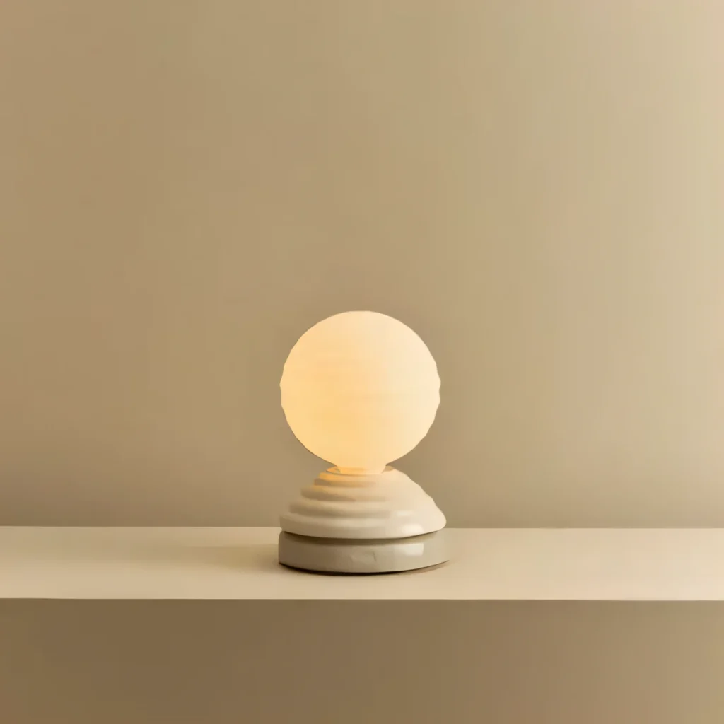 Glowing wake-up light on a nightstand beside a dark bedroom