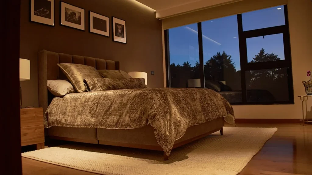 Calm, dimly lit bedroom at dusk ready for a restful night's sleep