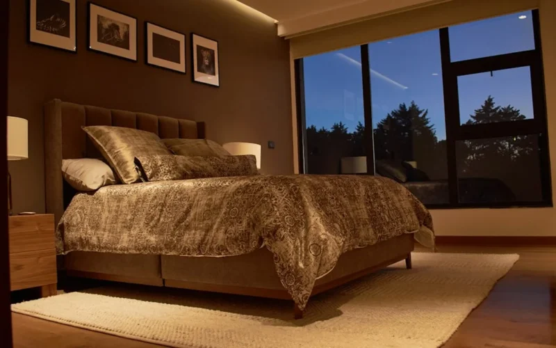 Calm, dimly lit bedroom at dusk ready for a restful night's sleep