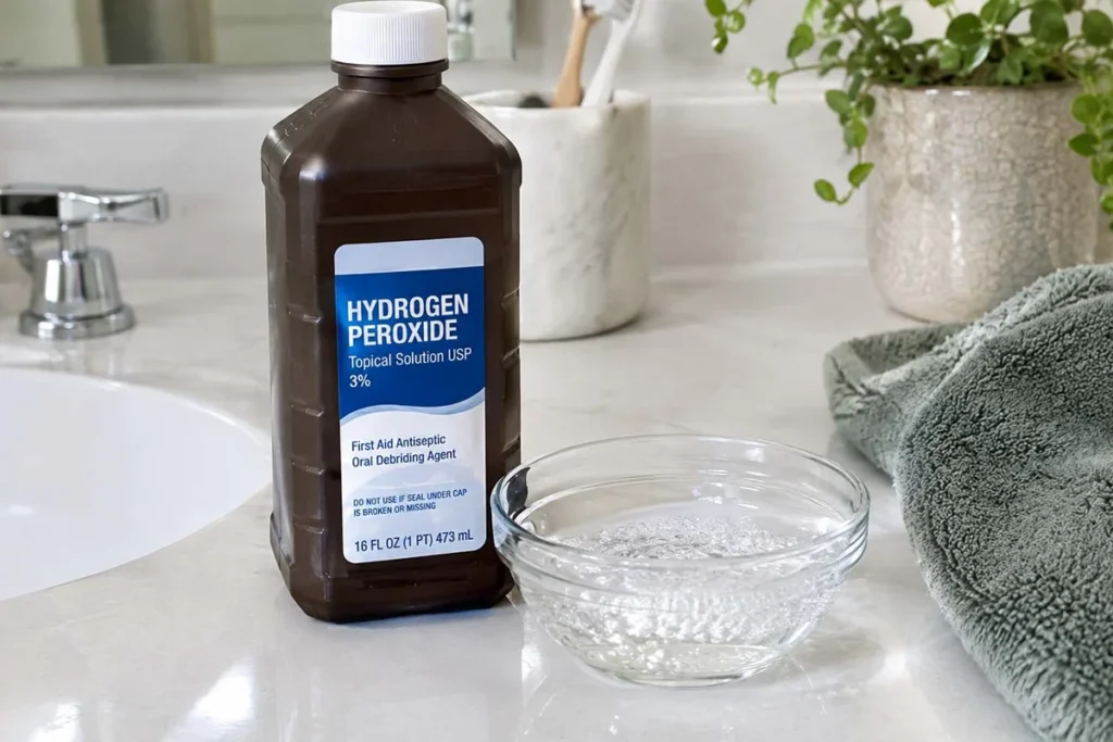 Brown hydrogen peroxide bottle on a bathroom counter
