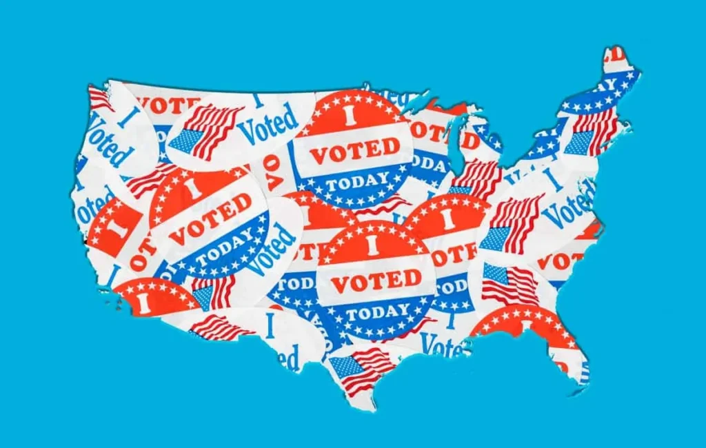 Map of the United States with I VOTED stickers