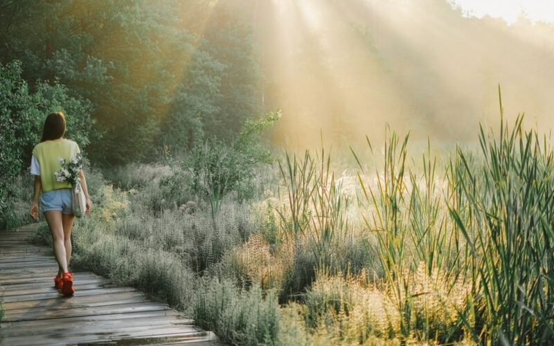 Woman walking on a sunlit forest path in the morning