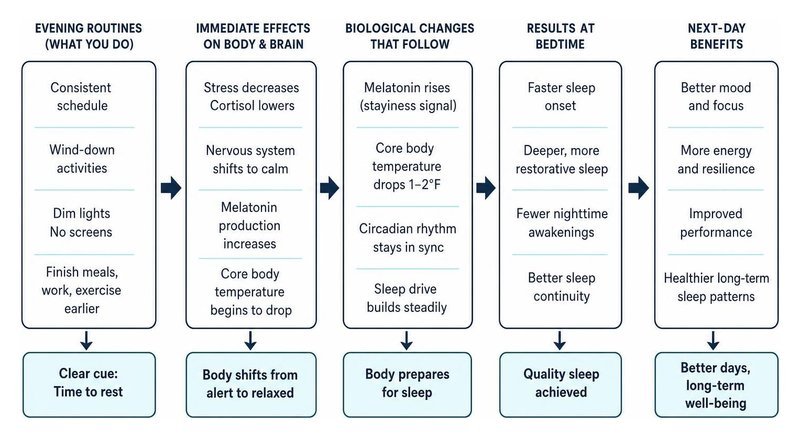 Flowchart linking evening routine habits to better sleep and next-day energy