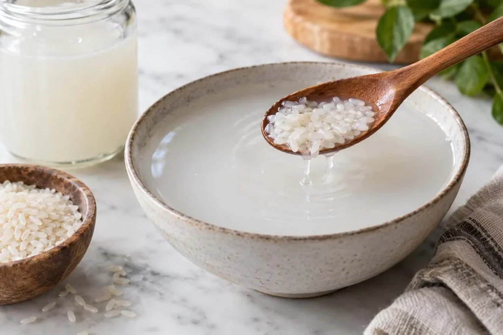 Wooden spoon lifting cooked rice from a bowl of cloudy rice water