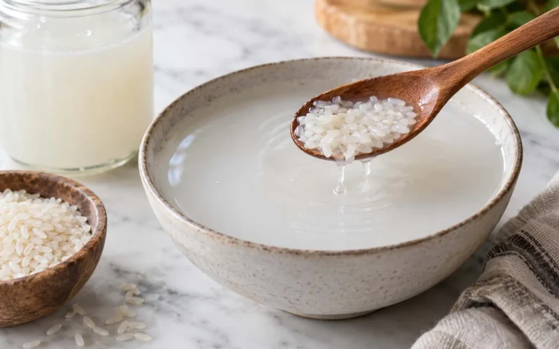 Wooden spoon lifting cooked rice from a bowl of cloudy rice water