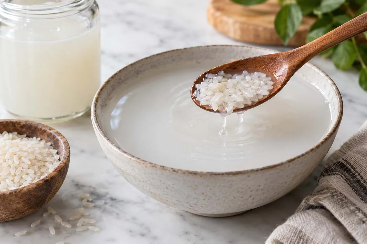 Wooden spoon lifting cooked rice from a bowl of cloudy rice water