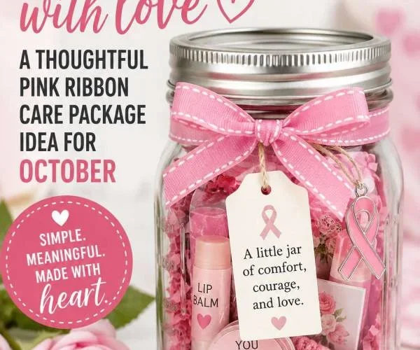 Pink ribbon care package in a mason jar with lip balm and tag