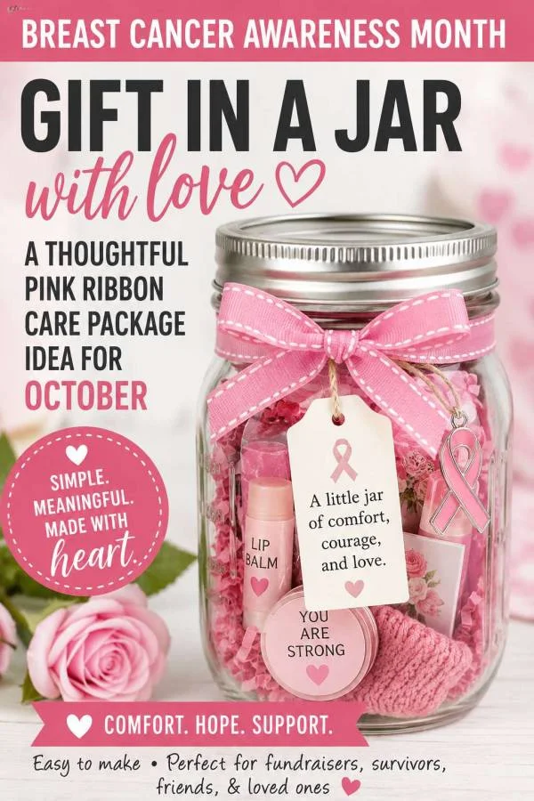Pink ribbon care package in a mason jar with lip balm and tag
