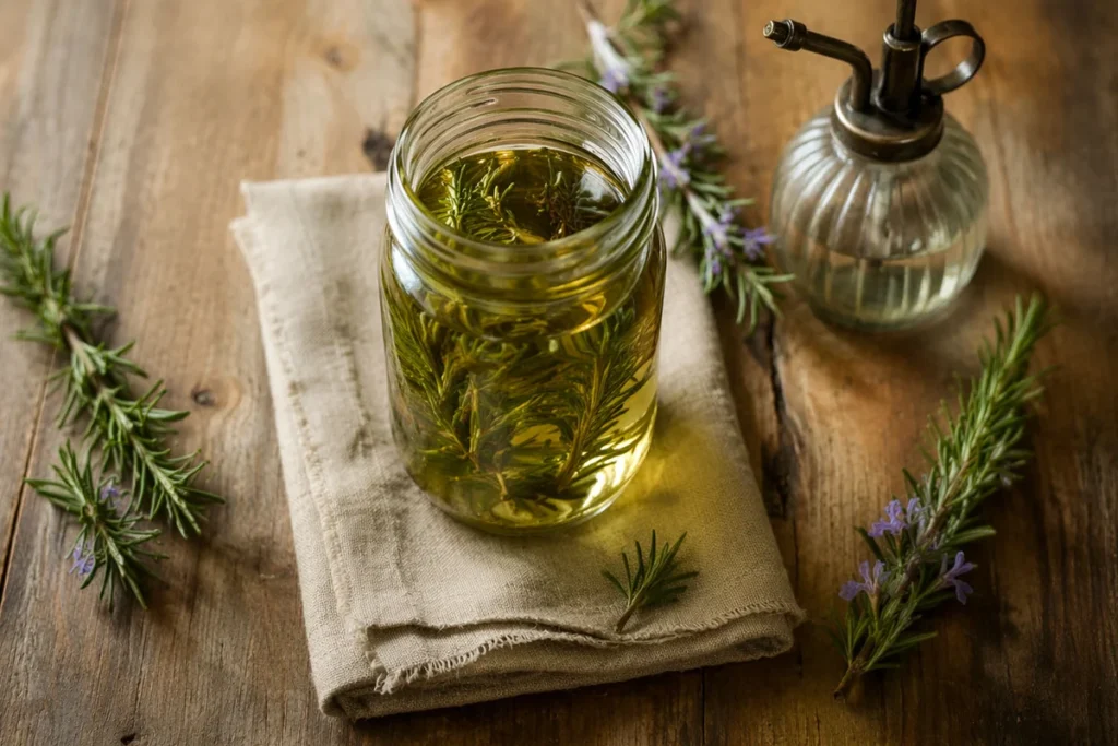 Glass jar of rosemary-infused water with fresh sprigs on a wooden table