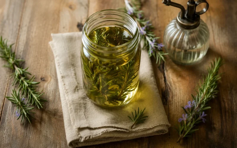 Glass jar of rosemary-infused water with fresh sprigs on a wooden table