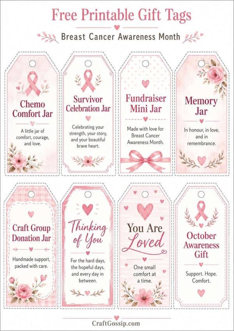 Printable pink breast cancer awareness gift tag sheet with messages
